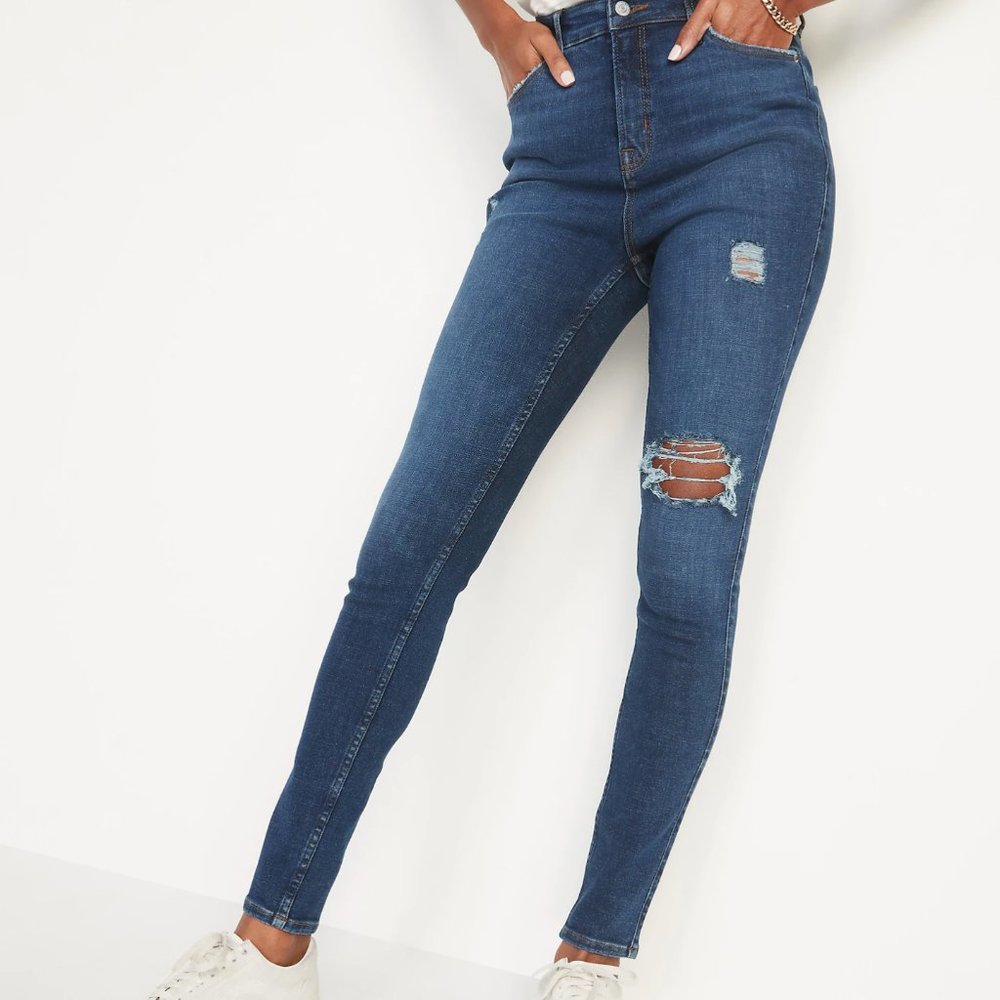 Old Navy Extra High-Waisted Rockstar Stretch Super Skinny Ripped Jeans Women 14